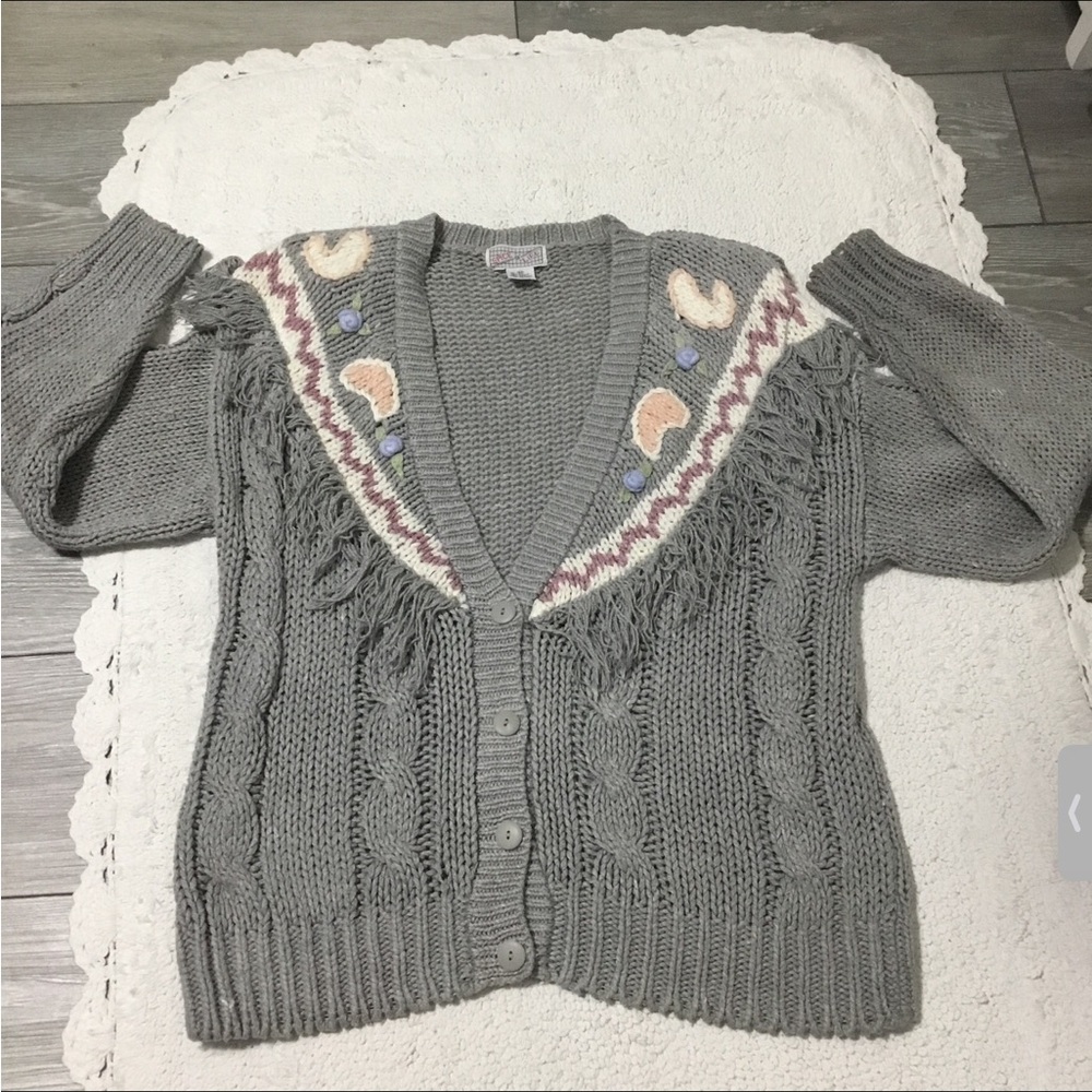 Vintage Cottage Prairie Country Western Fringe Knit Cardigan size M